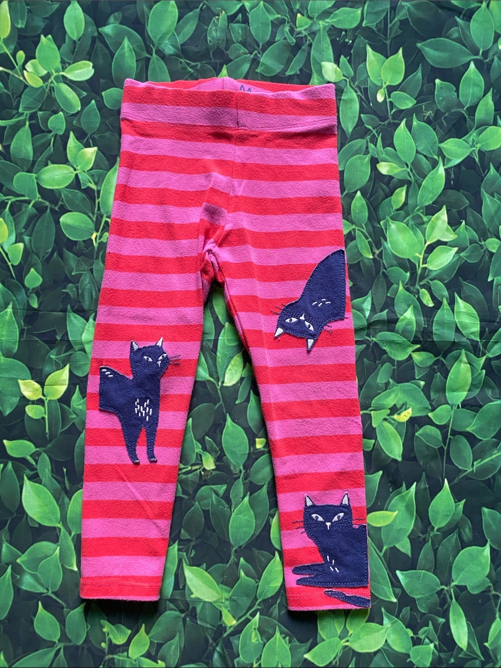 Mini Boden Red and Pink Striped Cat Leggings 3-4